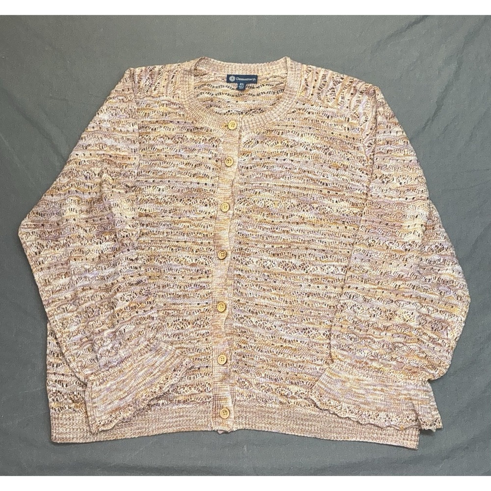 Democracy V-Neck Cardigan Sweater Heathered Stripe Print Ruffle Shoulders Sz XL